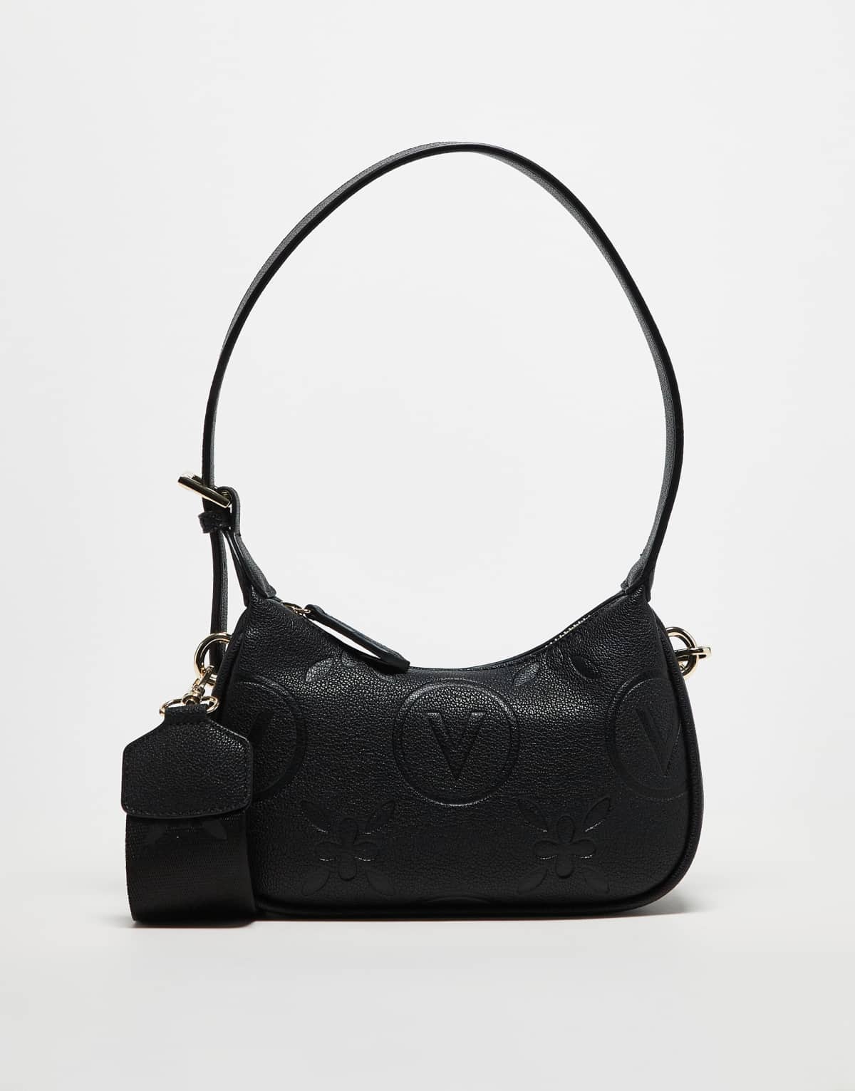 Valentino samba embossed logo shoulder bag with crossbody strap in black