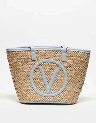 Valentino samuela small straw tote bag in blue