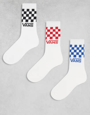 Vans - 3-Pack klassische Crew-Socken in Weiß mit Karomuster in verschiedenen Farben