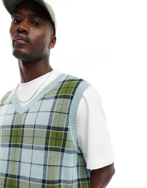 Vans Almondwood plaid sweater vest in blue and green, 3 of 4