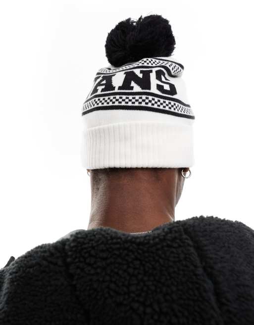 Vans – Auffällige Strickmütze in gebrochenem Weiß und Marineblau mit kariertem Detail, 3 von 4