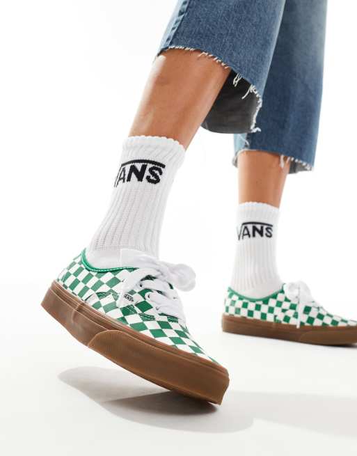 Vans – Authentic – Gröna, vita och schackrutiga sneakers med stora skosnören och gummisula, 3 av 5