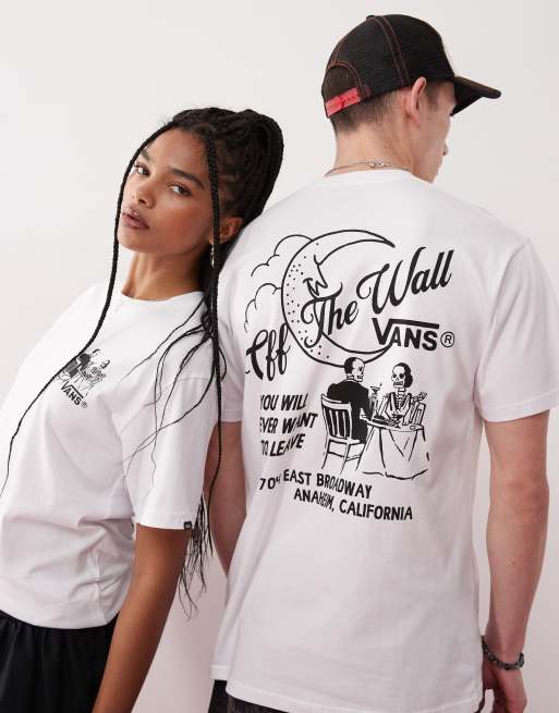 Vans – Biały T-shirt z grafiką ze scenką obiadową na plecach