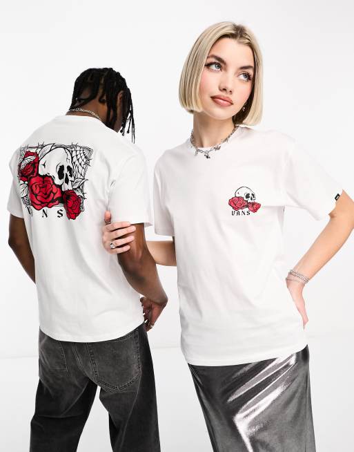 Vans – Biały T-shirt z nadrukiem czaszki i róży na plecach