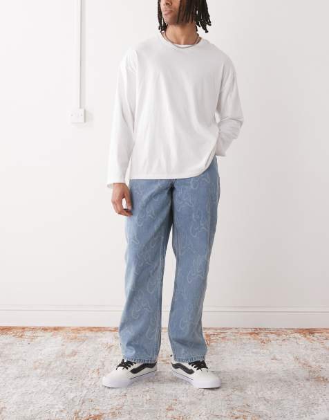 Vans - Check-5 - Jean large en denim avec imprimé flamme sur l'ensemble - Bleu délavé - view 1