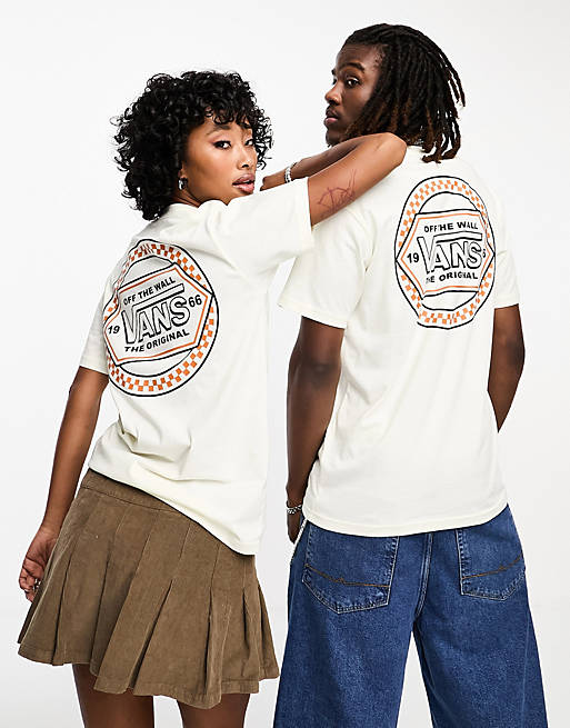 Vans circle checker drop v t-shirt with back print in off white | ASOS