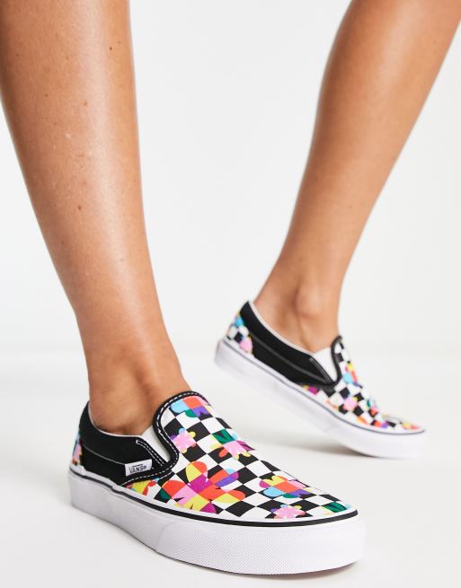 Vans Classic Baskets enfiler fleurs et motif damier Noir