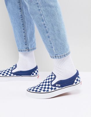 blue and checkerboard slip on vans
