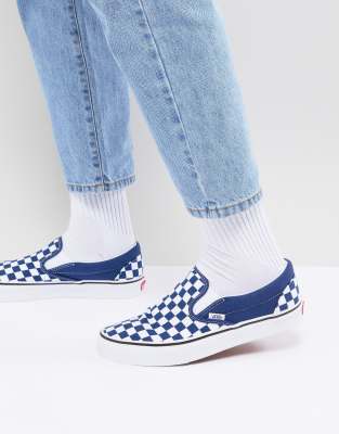 blue and white checkerboard slip on vans