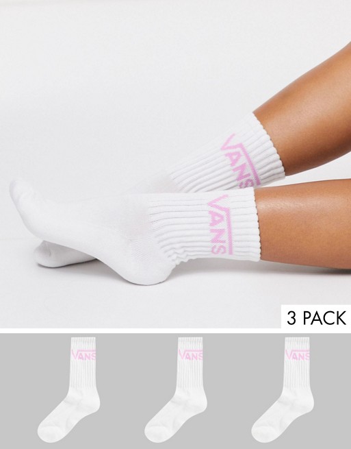 Vans Classic Crew 3 pack socks in white with pink logo