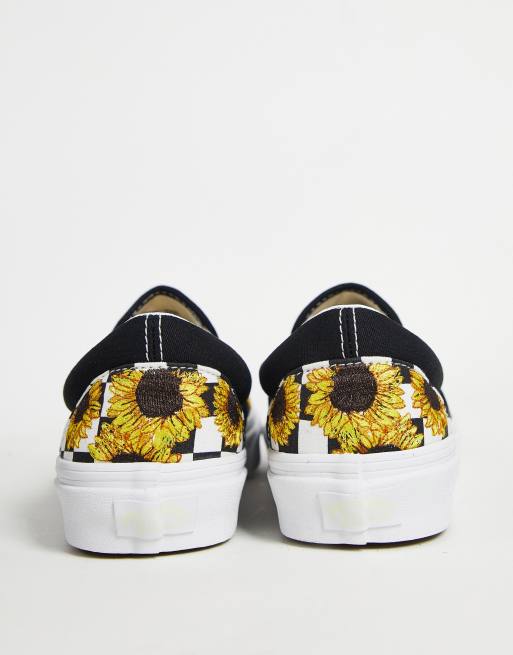 Vans Classic - Instapsneakers met geborduurde zonnebloemen in zwart en wit, 2 van 4