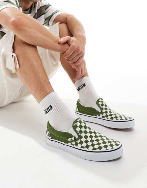 Vans Classic Slip on checkerboard sneakers in khaki and white