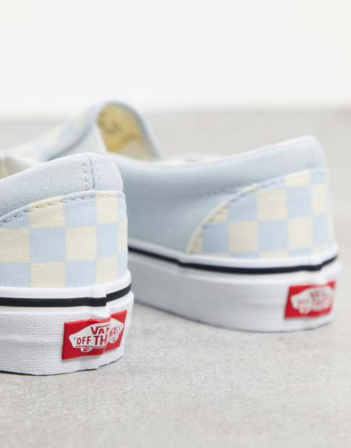 Light blue slip on sale on vans with checkerboard