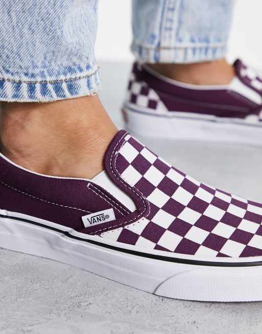 Purple black checkerboard store vans slip ons