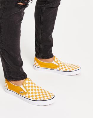 VANS CLASSIC SLIP-ON CHECKERBOARD SNEAKERS IN WHITE AND YELLOW