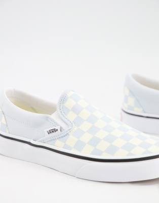 vans light blue checkerboard slip ons