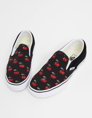 cherry checkerboard slip on vans