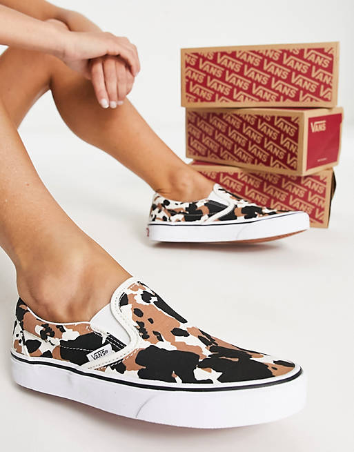 Vans Classic Slip-On cow print trainers in brown and black | ASOS