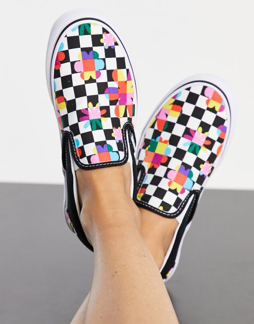 Vans Classic Slip On floral checkerboard sneakers in black and white