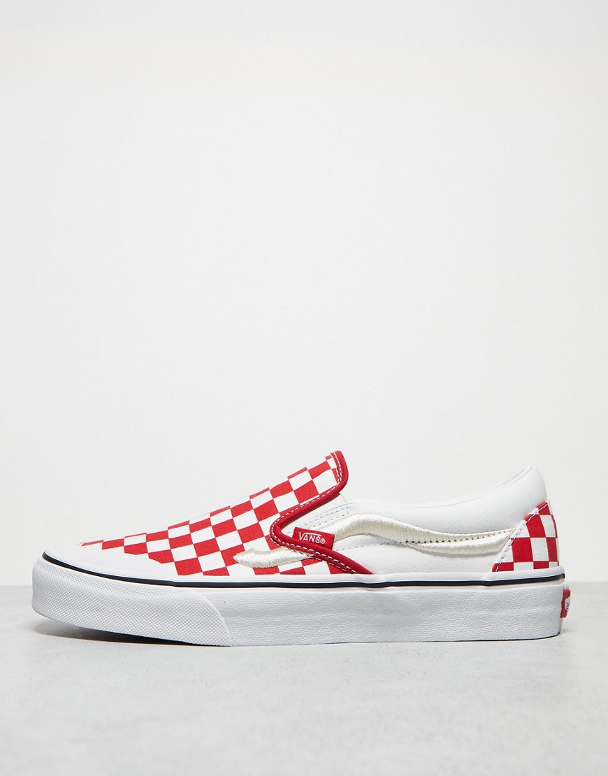 Vans Classic Slip On In Checkerboard Print In White And Red With White Stripe