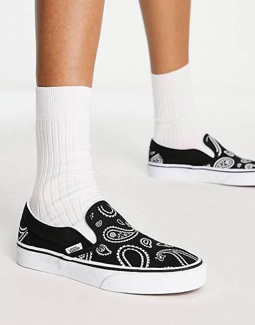 Vans Classic Slip-On peace paisley trainers in black and white 
