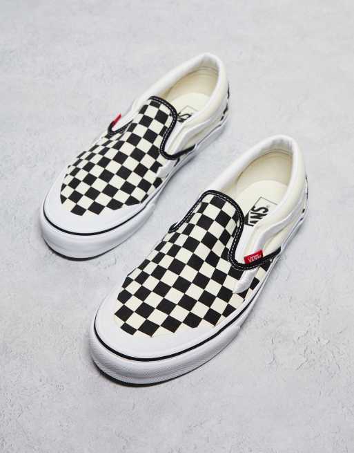 Vans Classic slip on sneakers in checkerboard print in white and black with white stripe, 2 of 4