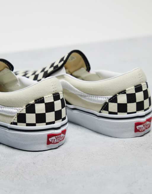 Vans Classic slip on sneakers in checkerboard print in white and black with white stripe, 3 of 4