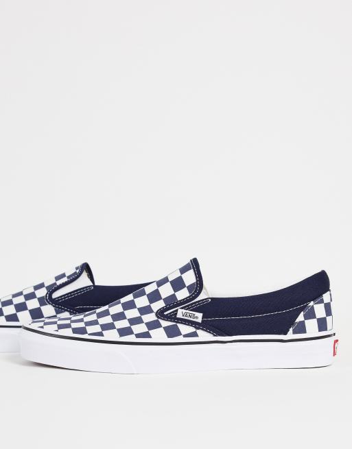 Navy blue checkered store vans slip on