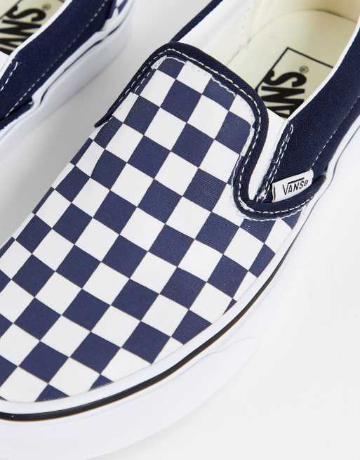 navy checkered vans slip on