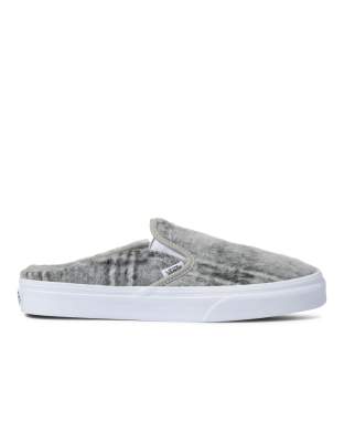 Vans Classic Slip-On soft plaid sneaker mules in gray-White