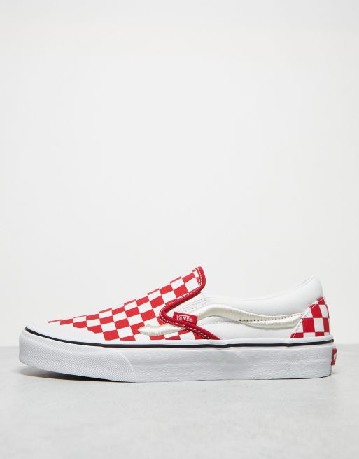 Checkerboard vans slip hot sale on red