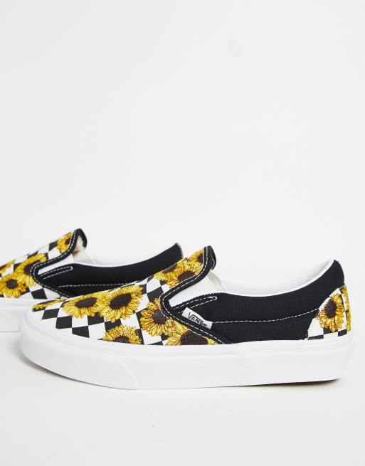 Vans Classic – Sneaker zum Reinschlüpfen in Schwarz und Weiß mit Sonnenblumenstickerei