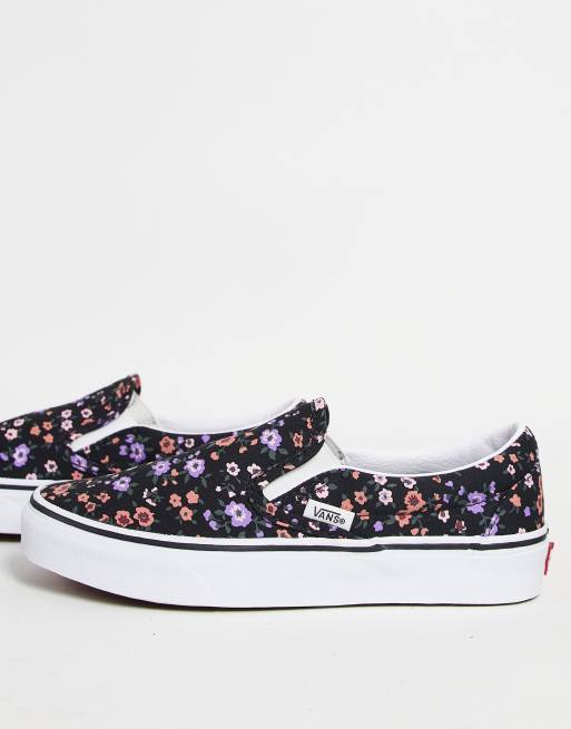 Vans Classic - Sorte slip on-sneakers med blomstermønster