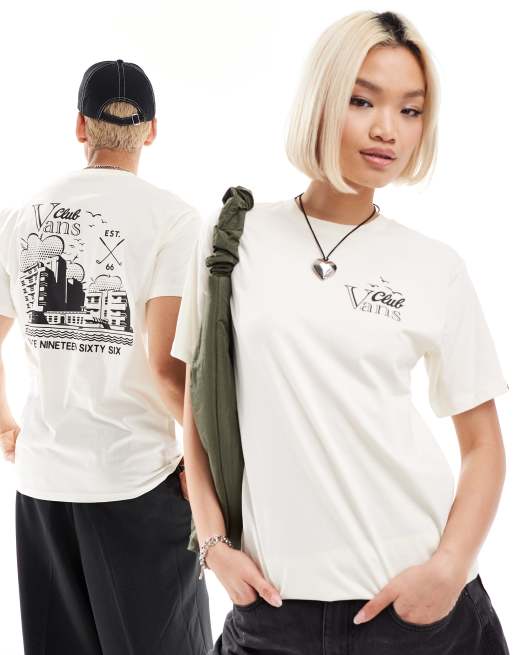 vans exo – Club Vee – T-Shirt in gebrochenem Weiß mit Rückenprint