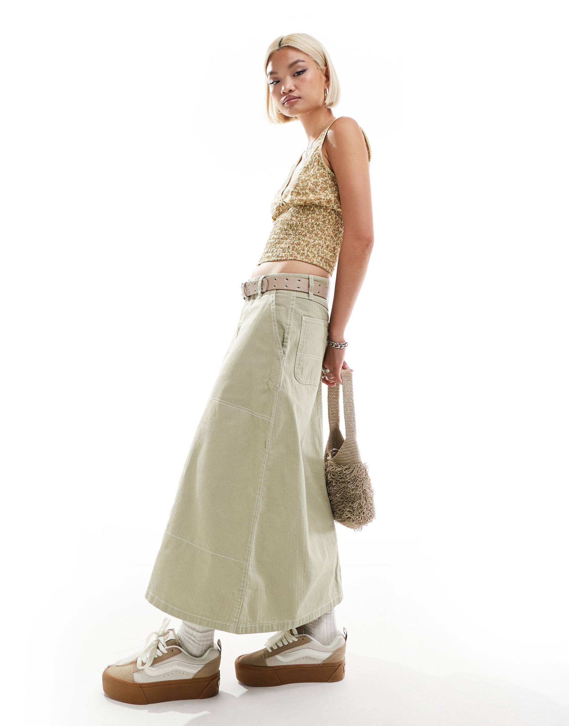 vans codey long flared utlity skirt in light tan