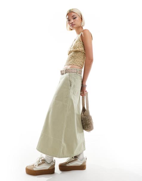 Vans codey long flared utlity skirt in light tan