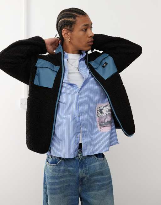 Vans debrusk oversized sherpa fleece jacket in black and blue