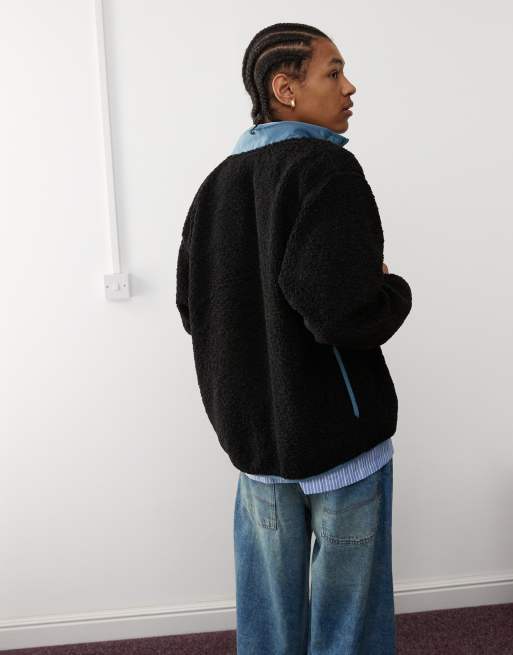 Vans debrusk oversized sherpa fleece jacket in black and blue
