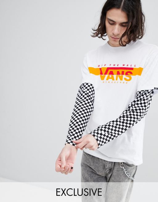 Vans double layer t shirt with checkerboard sleeves in white Exclusive at ASOS