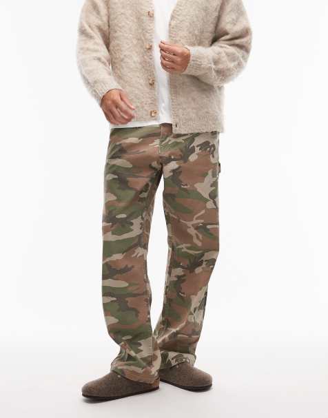 Vans drill chore carpenter loose fit trousers in washed green camo - view 1