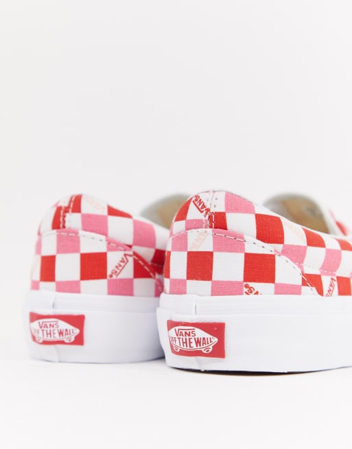 Red and pink store checkerboard vans