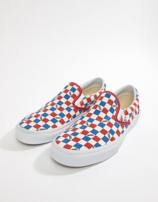 red and blue checkerboard slip on vans