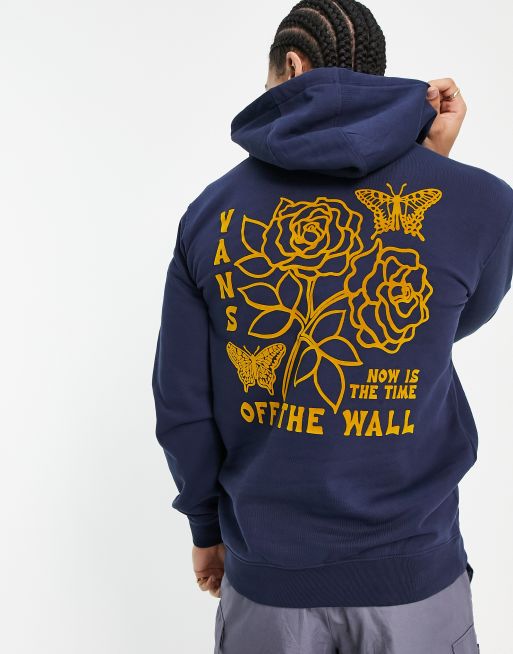 Vans - Felpa con cappuccio blu navy con stampa di rose e farfalle sul retro