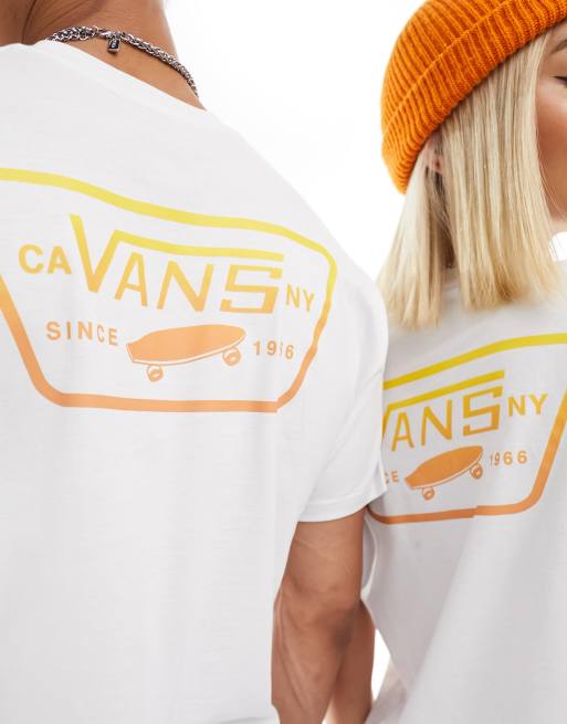 Vans Full Patch T shirt color bianco e arancione con stampa sul retro ASOS