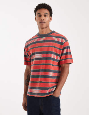Gestreiftes Pikee-T-Shirt aus Strick in Racing Red-Rot Rot M