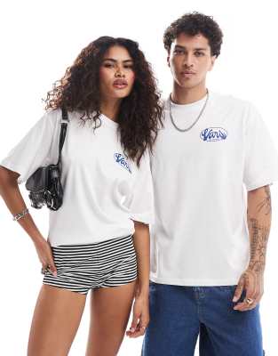 Vans Vans global line shot sleeve back print t-shirt in white and blue-Multi
