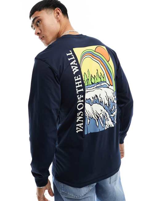 Vans – Granatowy T-shirt z długim rękawem i nadrukiem na plecach z motywem krajobrazu
