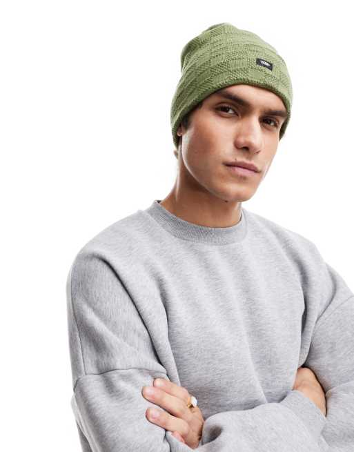 Vans – Hohe, karierte Strickmütze in Lodengrün mit Umschlag