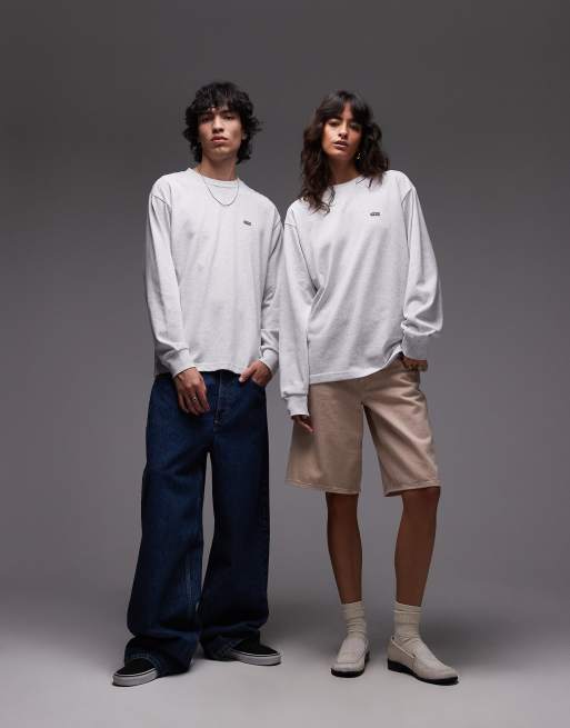 Vans – Jasnoszary luźny T-shirt z długimi rękawami i logo na lewej piersi