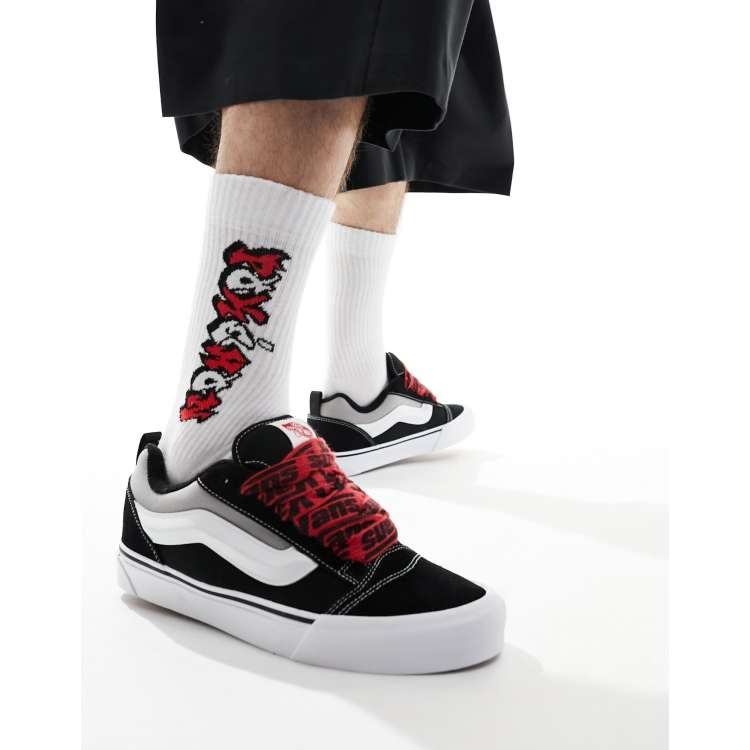 Vans Knu Skool trainers with red interest laces in black and white ASOS